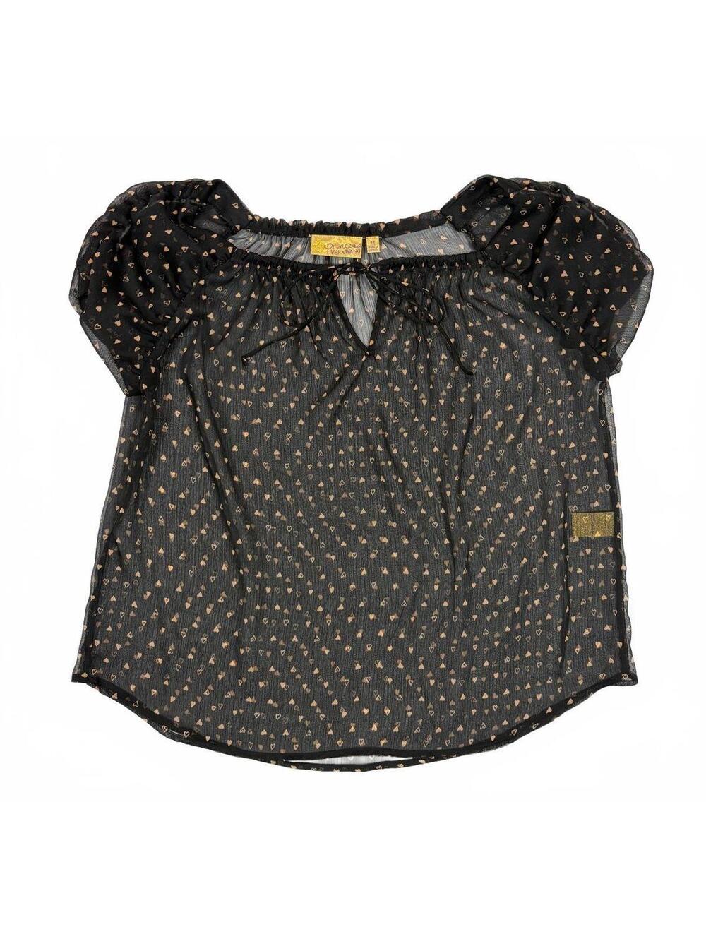 Coquette Princess Vera Wang Women's M Black Sheer Heart Print Puff Sleeve Blouse